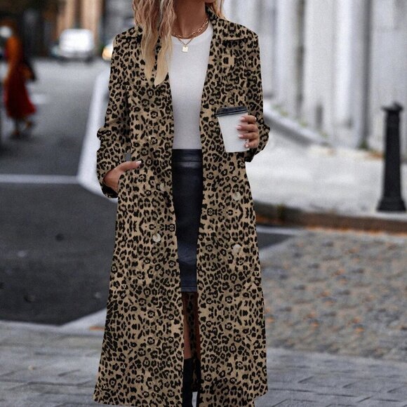 Multicolor Casual Women's Cinched Waist Leopard Print Trench Coat - Picture 4 of 6